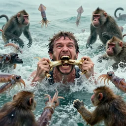 a photograph of a screaming man in the ocean swarmed by squids, dogs, baboons, and squirrels, the man's mouth is stuffed with bones and the water foams all over the gaff