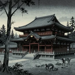 biddhist temple on the border of two worlds in lovecraftian horror style, made by Kawase Hasui in unkiyo-e style
