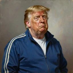 Painting of Donald Trump in a tracksuit. Old. Unhappy. No hair. Very Fat. Art by william adolphe bouguereau. Very very very very very very much detailed. 4K. Award winning.