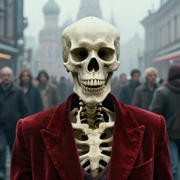 realistic extremely detailed movie still closeup portrait of a single skeleton wearing crimson velvet blazer in a foggy crowded futuristic moscow street by denis villenueve, yves tanguy, alphonse mucha, ernst haeckel, jean delville, ilya repin, wayne barlowe, andrei tarkovsky, roger dean, rich moody cold colours, closeup