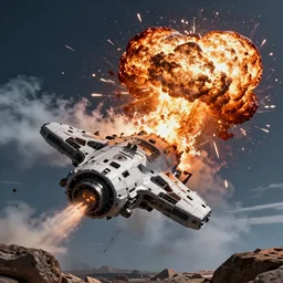 a spaceship crashing on a rocky planet, giant explosion, fire, trail of smoke, high quality, detailed, 8k, science fiction