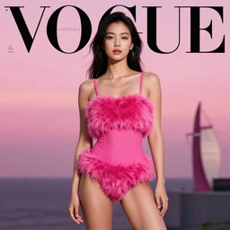 photo of a girl in a fur bathing suit, bright colors, stylish photo, studio shooting, photo against the backdrop of a pink sunset, wide angle, many details, photo for a magazine, photo for a store, fashion photography, vogue, 3 5 mm, cinematic, hyper realism, high detail, perfect face
