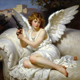 painting of a beautiful angel! with a cute face! lounging on a couch with white flowing lace linens holding a gun! with a roman town in the background by frank frazetta!, charlie bowater, magali villeneuve, j. c. leyendecker, ray - traced lighting,