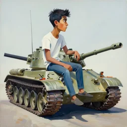 greg manchess portrait of a filipino young man sitting on a tank, asymmetrical, profile picture, organic painting, sunny day, matte painting, bold shapes, hard edges, street art, trending on artstation, by huang guangjian, gil elvgren, ruan jia, randy vargas, greg rutkowski