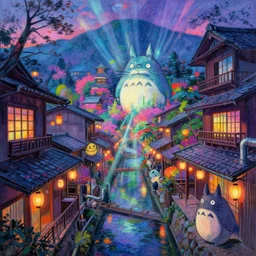 a beautiful japanese city in the mountain, amazing ryokans and gorgeous edo era houses, yokai characters all around. epic cyberpunk, visible pipes, lanterns, lofi vibe, colorful, vivide colors, amazing light, light beams with dust, really mesmerizing nature, by jeremy lipkin, by claude monet, by makoto shinkai, kandinsky touches, inspired by ghibli, masterpiece, beautiful