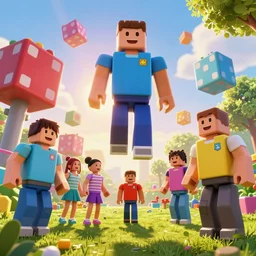 photo of real kids playing with roblox figures outside in the sun, large roblox!! shapes floating all over, bright colors