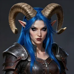 illustrated realistic portrait female ram-horned kobold blue hair with black evil devil eyes wearing leather armor by rossdraws