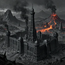 Black steel tower fortress in a black sharp stone wasteland, black steel buildings, black smoke, black mountains, warforges, volcanos, lava, a fantasy digital painting by Greg Rutkowski and James Gurney, trending on Artstation, highly detailed