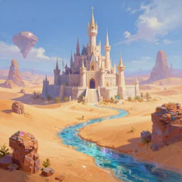minecraft castle a sparkling desert with streams of coloured sand glittering with alien rock formations, artstation 3 d, oil painting, vast, epic composistion