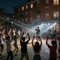 an old school hip hop concert taking place on a basketball court behind a large brick apartment at night, many people dancing with their hands in the air, a rapper is standing on stage yelling into the mic, a dj with audio equipment at the back of the stage, hyperrealistic painting, foggy, light streaks