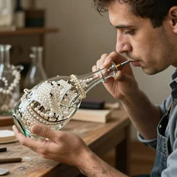 A craftsman is blowing a glass bottle, with a pearl pirate ship inside.