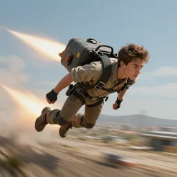 young engineer flying across terrain on a jetpack, jet pack, long shot, motion blur, sharp focus, illustration, highly detailed, scif - fi, artstation, octane render, unreal engine,