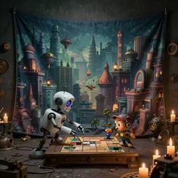 a beautiful tapestry of a dream, a small robot playing a game, ultra detailed, cityscae, atmospheric, steampunk, moody, candles, characters from machinarium, by don bluth, trending on artstation, octane render, 8 k, ultra realistic