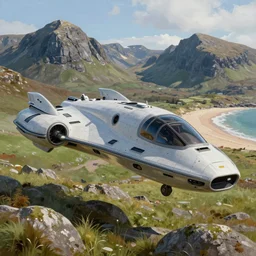 hyper detailed painting of a beautiful, sleek spaceship on the Isle of Harris, Scotland, photorealistic, 8K, rocky, mountains, grass, beach, blender, trending on cgsociety, trending on artstation