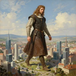 medieval renaissance romance style painting of a giant walking around a miniature modern city