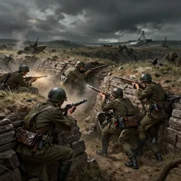 soldiers fighting in the trenches of world war 1 4 k, concept art, by wlop, ilya kuvshinov, artgerm, krenz cushart, greg rutkowski, pixiv. cinematic dramatic atmosphere, sharp focus, volumetric lighting, cinematic lighting, studio quality