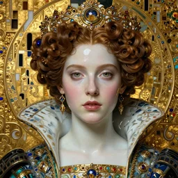 face centered portrait, artwork by james jean, hyperdetailed realistic smooth polished patterned crazed porcelain, beautiful young medieval queen, jean delville, art nouveau, gustav klimt, ornate metal patina gothic icon, james jean, ultrasharp hyperdetailed photorealistic octane render, iris van heppen, visionary, symbolist, whimsical
