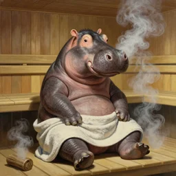 A humanoid hippo wearing a towel sitting in a steamy sauna, hyperrealisim, oil painting by Salvador Dali