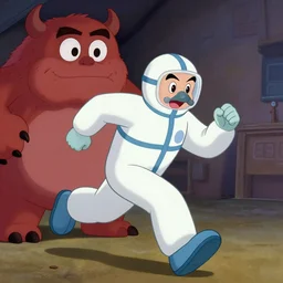 a cartoon of a man in a hazmat suit running away from a meat monster, style of hanna barbera