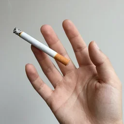 Close-up of thin soft hand, cigarette with smoke, hand with five fingers, hyper realistic, high details, photo, super resolution