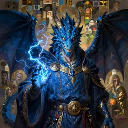 half length portrait of a medieval fantasy sorcerer, a male anthropomorphic nerdy blue dragon with electrcity magic, fantasy, d & d, high details, art by ( ( ( kuvshinov ilya ) ) ) and wayne barlowe and gustav klimt and artgerm and wlop and william - adolphe bouguereau