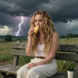 miley cyrus sat on a bench eating cheese, thunderstorm, studio ghibli