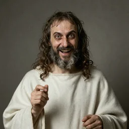 baroque portrait of an ancient priest who has not bathed in weeks, his eyes are inhuman and filled with insane mirth