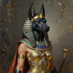 Mystical Valkyrie, Portrait of a beautiful female Anubis warrior, Regal, Realistic, Refined, Detailed Digital Art, Oil Painting, William-Adolphe Bouguereau, Art Frahm, Esao Andrews, Steampunk, Walt Disney (1937), Highly Detailed, Cinematic Lighting, Unreal Engine, 8k, HD
