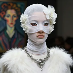 a futuristic portrait by mask made of wires and white gauzes and plastic flowers, white fur and wires necklace made by gauzes twisted around neck, design by leonardo davinci, inspired by egon schiele, balenciaga, modern art, baroque art jewelry, new classic, fashion design, photorealistic, hyper realistic, cinematic composition, cinematic lighting, fashion design, concept art, 8 k