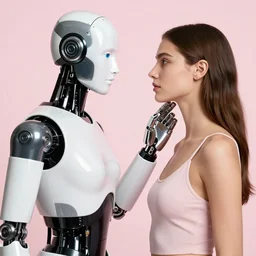 a white victoria's secret model is standing besides a liquid metal humanoid robot and robot is touching model's face, robot's head is transformed into exact copy of model's head, realistic, 4 k
