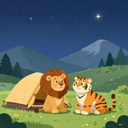 little lion and tiger, in love, camping in a tent near the mountain, starry sky, vibrant palette