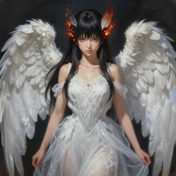 breathtaking detailed painting of full size mononoke hime, by ayami kojima and brom, gauze angel dress, detailed realistic facial features, amalgamation of embers and feathers, 8 k, concept art, matte, sharp focus, rembrandt style