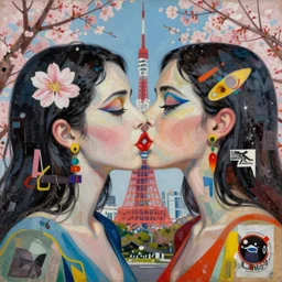 beautiful painting of two bizarre psychedelic women kissing each other closeup in tokyo in springtime, speculative evolution, mixed media collage by basquiat and junji ito, magazine collage art, paper collage art, sapphic art, lesbian art