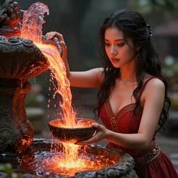 fountain with a woman with a bowl from where lava pours out instead of water, photorealistic, high detailed, sharp focus, lava fountain