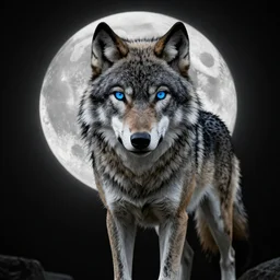 ultra detailed, digital artwork, alpha wolf with piercing blue eyes standing in front of the moon, pitch black