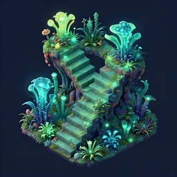 3 d mobile game asset is an isometric stairs but with an organic isometric design that is based on bioluminescent alien - like plants all inspired by avatar's bioluminescent alien nature. around the stair, we can see plants that glow in the dark. all in isometric perspective and semi - realistic style dark background