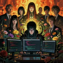 realistic dark cyberpunk man coding character casting eldritch magic, a lot of flowers around, by francis bacon, by ayami kojima, by amano, by karol bak, greg hildebrandt, by mark brooks, by alex grey, by zdzisław beksinski, by takato yamamoto, wrapped thermal background