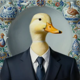 close - up of a man in a suit with the head of a duck, surrealist painting by igor morski, gediminas pranckevicius, beeple, ornament, porcelain, super - resolution, soft lighting, ray tracing global illumination, in a symbolic and meaningful style