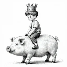 technical drawing of a boy wearing a crown riding on the back of a pig, black and white, cinestill, 800t, 35mm, full-HD