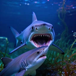 under water, hungry scary shark approaching from the distance, distant lighting, psychedelic, at night, aquatic plants, close up, biting another shark