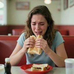 white woman in run down diner crying into her sandwich
