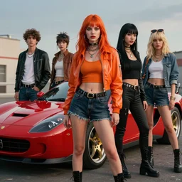 a clockwork orange female droog gang designed artgerm and a red pininfarina sportscar in the background hdr, 8 k, hyperrealistic, volumetric lighting