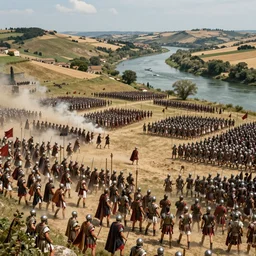 Wide shot of epic distant battle of Cannae 216 BCE, with republic-era Roman soldiers in formations, Carthaginian phalanxes in formations, overlooking river Aufidius Italy, intricate, elegant, highly detailed, trending on Artstation, cgsociety