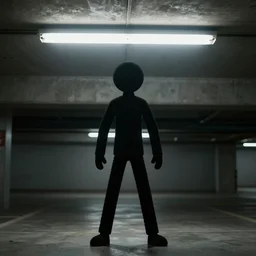 ominous black stick figure, photography, found footage, parking garage, fluorescent lighting