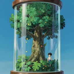 Large magical enchanted tree in a gigantic glass tube by studio ghibli, Studio Bones, Ufotable, Kyoto Animation, highly detailed 4k