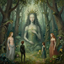ephemeral colossal forest spirits in an enchanted dreamlike otherworldly biome, a soulscape of inner thought by hieronymus bosch, cyril rolando, esher and natalie shau, whimsical, profound, impossible. painted, intricate, trending on devaintart.