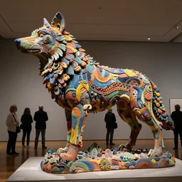 stunning colorfull intriguing large - scale clay sculpture of a mythic wolf animal by beth cavener in museum. ellen jewett, beth cavener, sayaka ganz, edouard martinet, john o'reilly and judith klausner