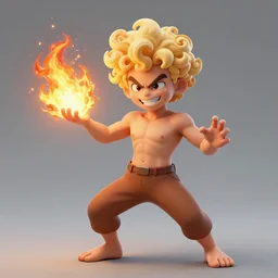 Digital art of Lucius with fluffy curly blond hair, throwing a wild fire blast from his hands, with a vicious smile in face. Genetically engineered super soldier in a scorched land with a black roiling sky. Epic artstation league of legends splash art