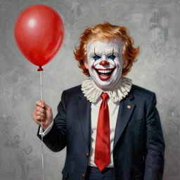 grunge cartoon painting of donald trump with a wide smile and a red balloon by chris leib, loony toons style, pennywise style, corpse bride style, horror theme, detailed, elegant, intricate