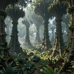 Highly detailed wide angle photo of a fractal forest with sacred geometry sculptures, dense vegetation realistic lighting volumetric lighting floating particle effects wonderland fantasy fog mist lightrays octane render by Zdzislaw Beksinski , hyper realistic, fantasy art, 16:9